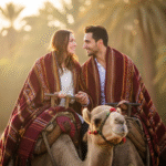 A couple enjoying a camel ride through the Moroccan desert, surrounded by sand dunes under a clear sky.