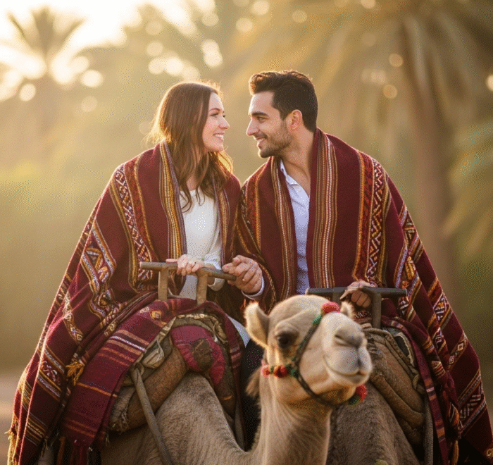 A couple enjoying a camel ride through the Moroccan desert, surrounded by sand dunes under a clear sky.