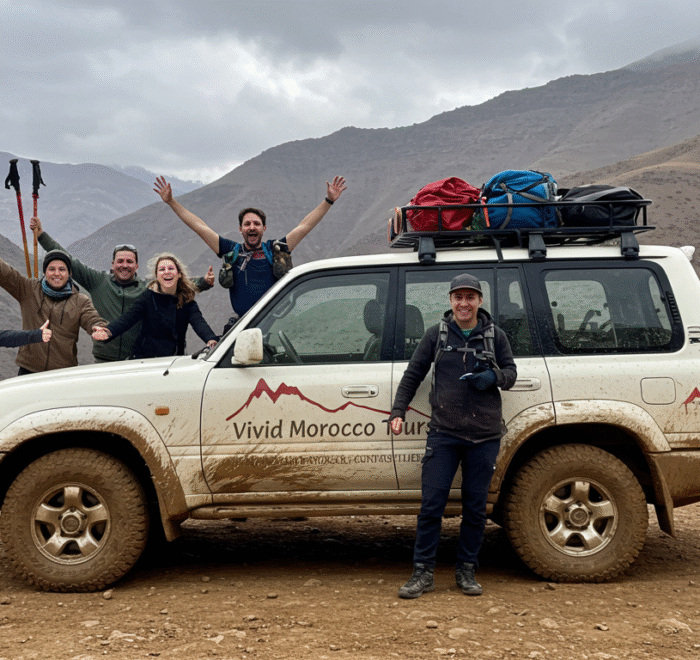 A group of travelers guided by Vivid Morocco Tours posing for a photo next to a 4×4 vehicle branded with the Vivid Morocco Tours logo in a Moroccan landscape