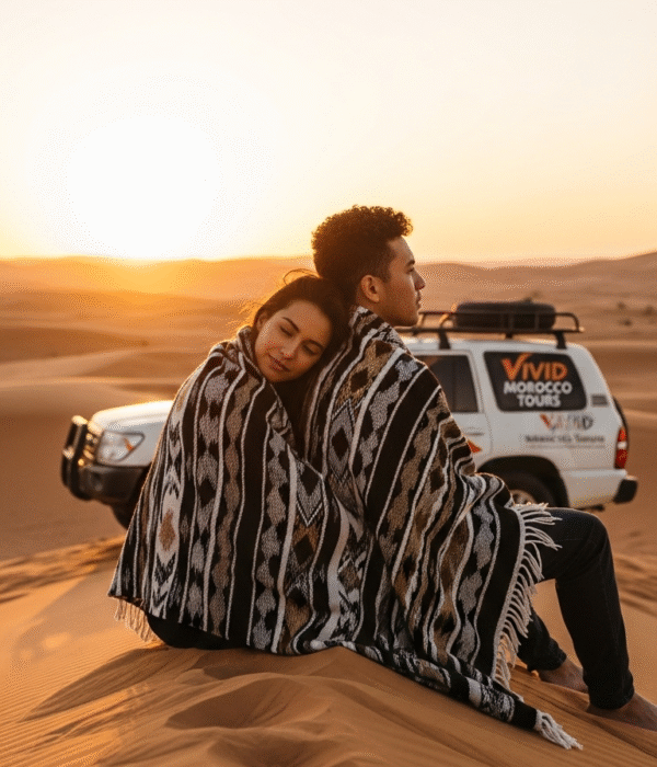 A couple setting on sand dunes at the sunset time, during Sahara Desert Tour, by Vivid Morocco Tours a Moroccan tour operator