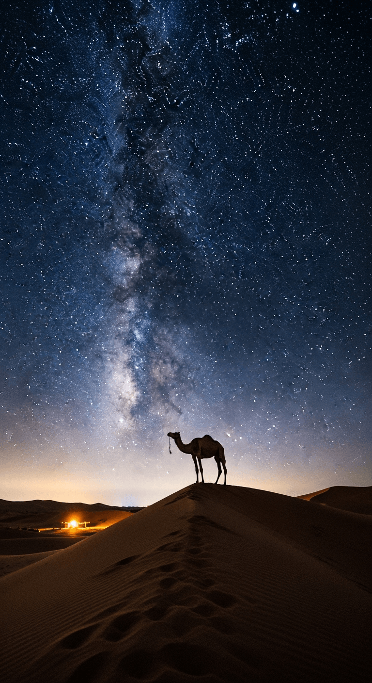 A camel standing on a hill in the desert under a starry sky during our morocco tours