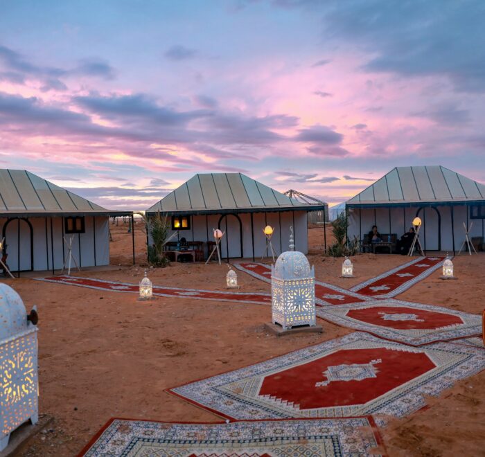 A cluster of traditional desert tents set up in the vast golden sands of the Moroccan Sahara under a clear blue sky, capturing the serene and remote beauty of the desert landscape.